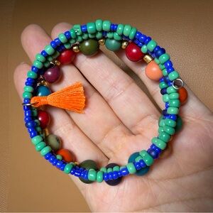 Colorful Beaded Memory Wire Wrap Bracelet with Tassel Charm